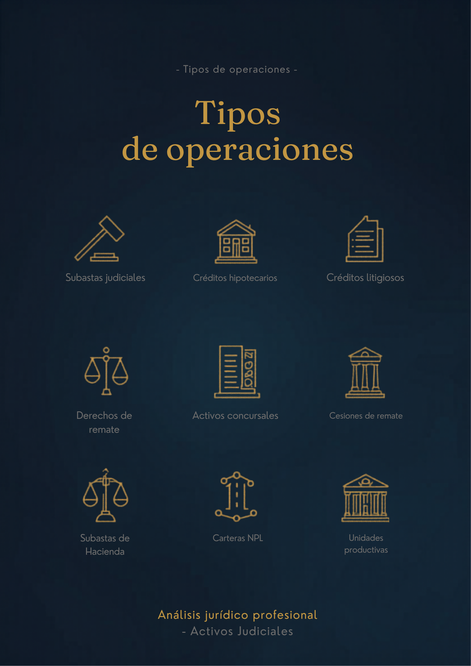 Tipos de operaciones en Activos Judiciales: subastas judiciales, créditos hipotecarios y litigiosos, derechos y cesiones de remate, activos concursales, subastas de Hacienda, carteras NPL y unidades productivas